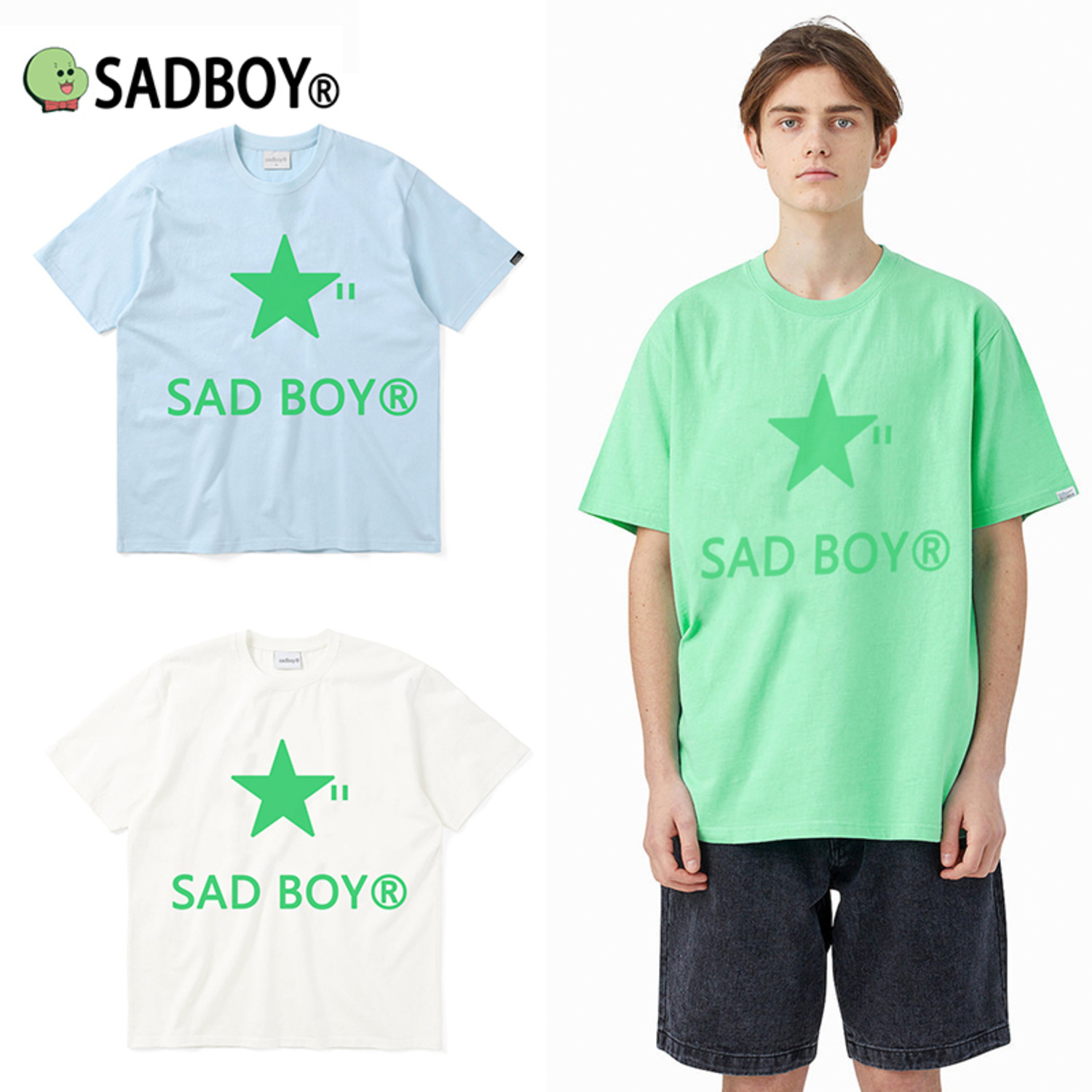SadBoy邮递员联名原创绿色星星流行宽松圆领印花休闲情侣纯棉T恤