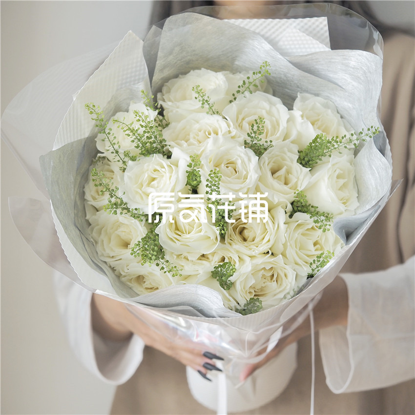 原气花铺-花店-上海-北京北极星Pro--白玫瑰绿菱草混合花束-3