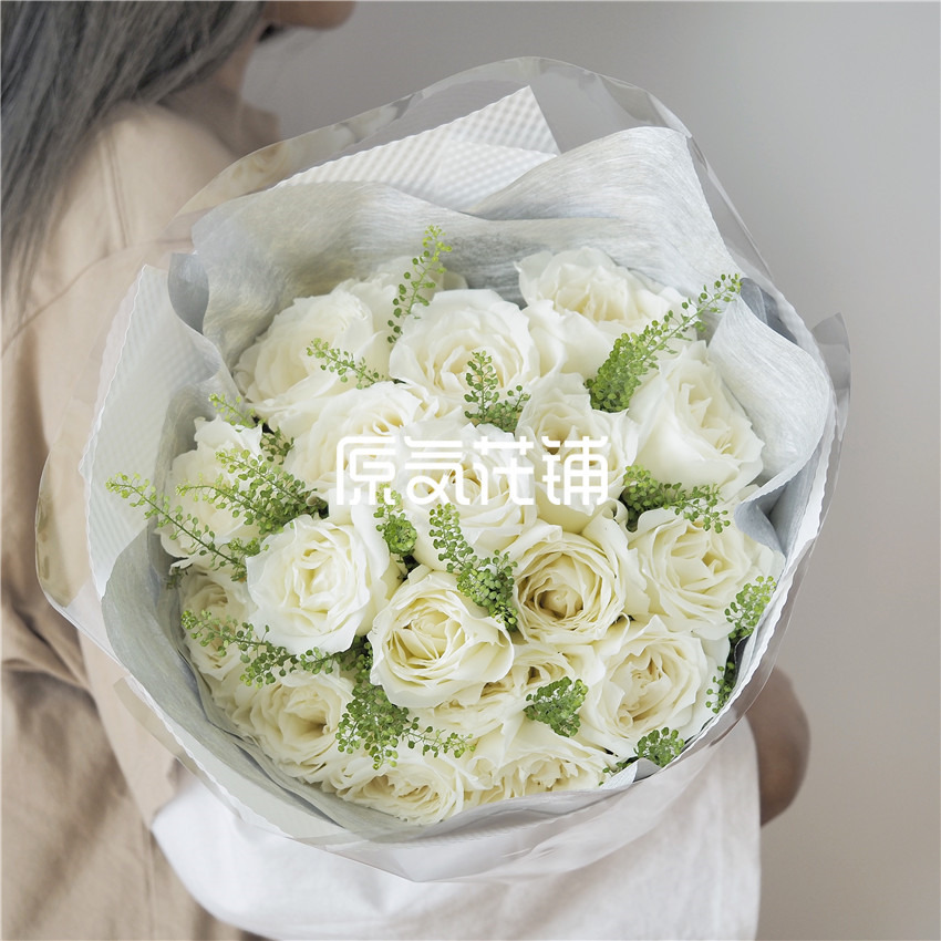 原气花铺-花店-上海-北京北极星Pro--白玫瑰绿菱草混合花束-5