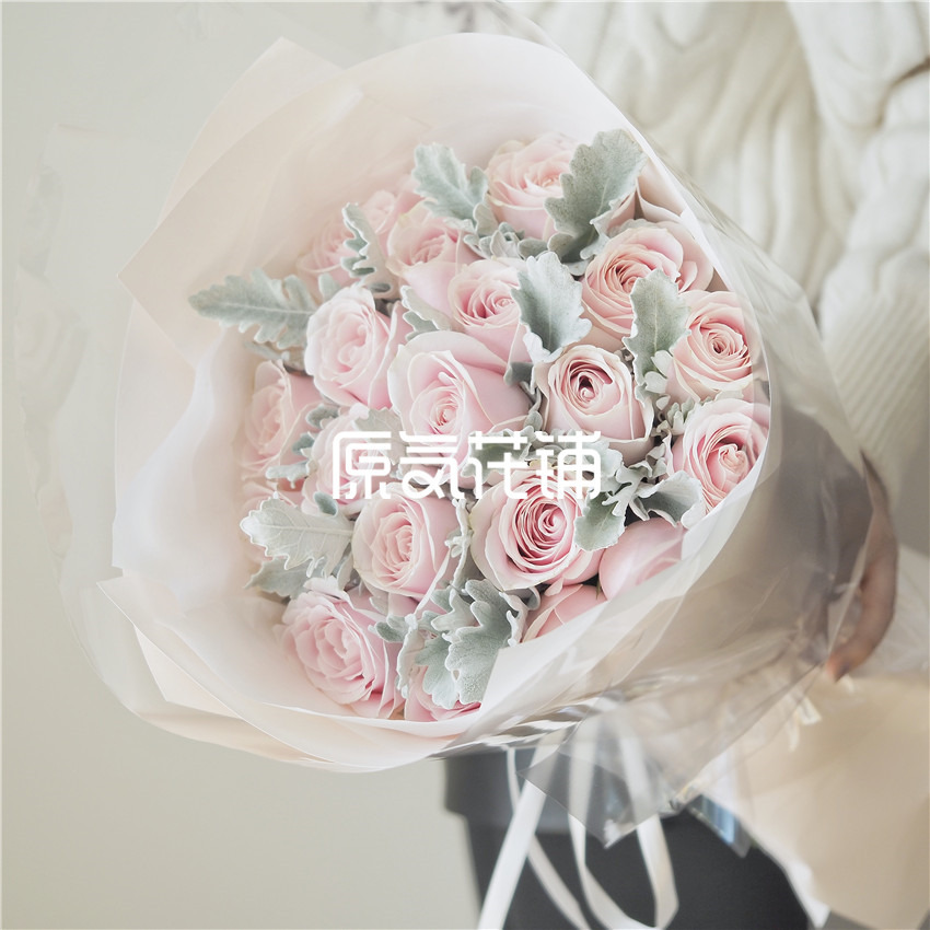 原气花铺-花店-上海-北京纯情Pro--粉雪山玫瑰银叶菊混合花束-6