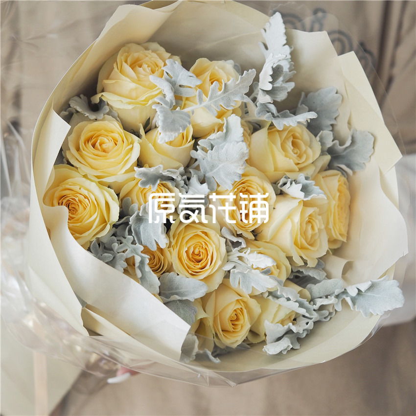 原气花铺-花店-上海-北京香槟Pro--香槟玫瑰银叶菊混合花束-1