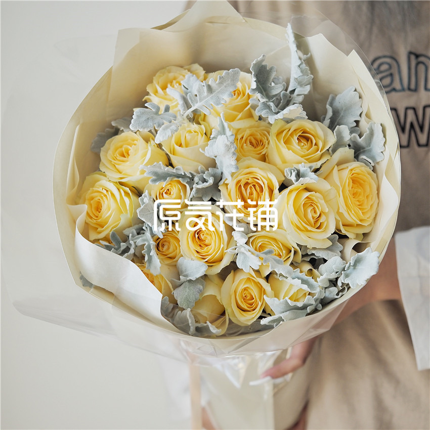原气花铺-花店-上海-北京香槟Pro--香槟玫瑰银叶菊混合花束-3