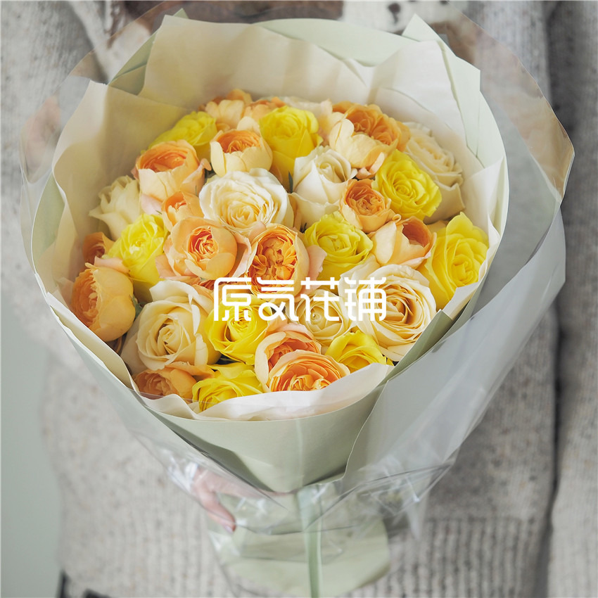 原气花铺-花店-上海-北京闪光的日子--香槟玫瑰黄玫瑰多头玫瑰混合花束-2