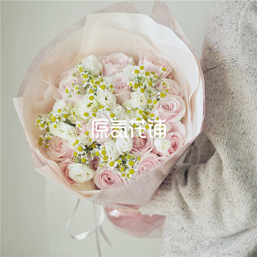 原气花铺-花店-上海-北京温柔--粉雪山玫瑰洋桔梗洋甘菊混合花束-1