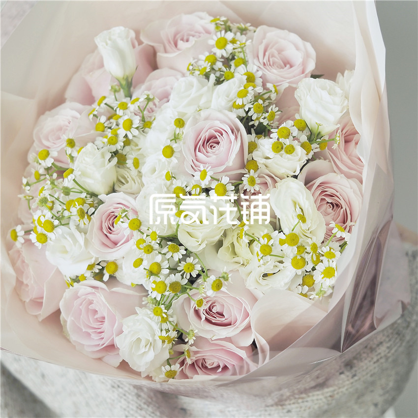 原气花铺-花店-上海-北京温柔--粉雪山玫瑰洋桔梗洋甘菊混合花束-4