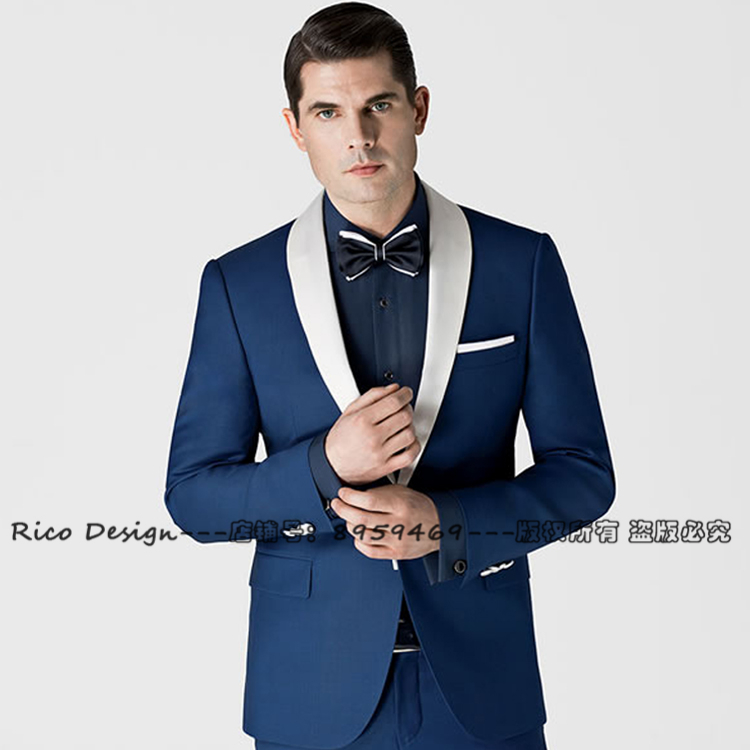 蓝色男士结婚礼服真丝拼色套装
