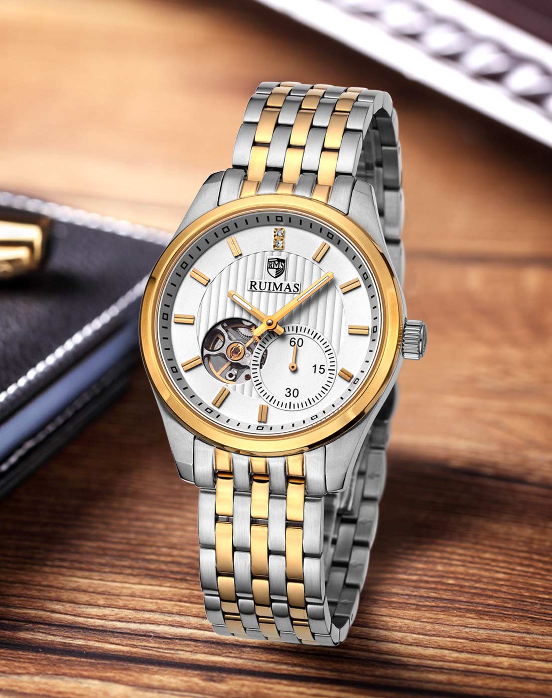 白面间金时尚男士钢带机械表rs6629gtt-7n3