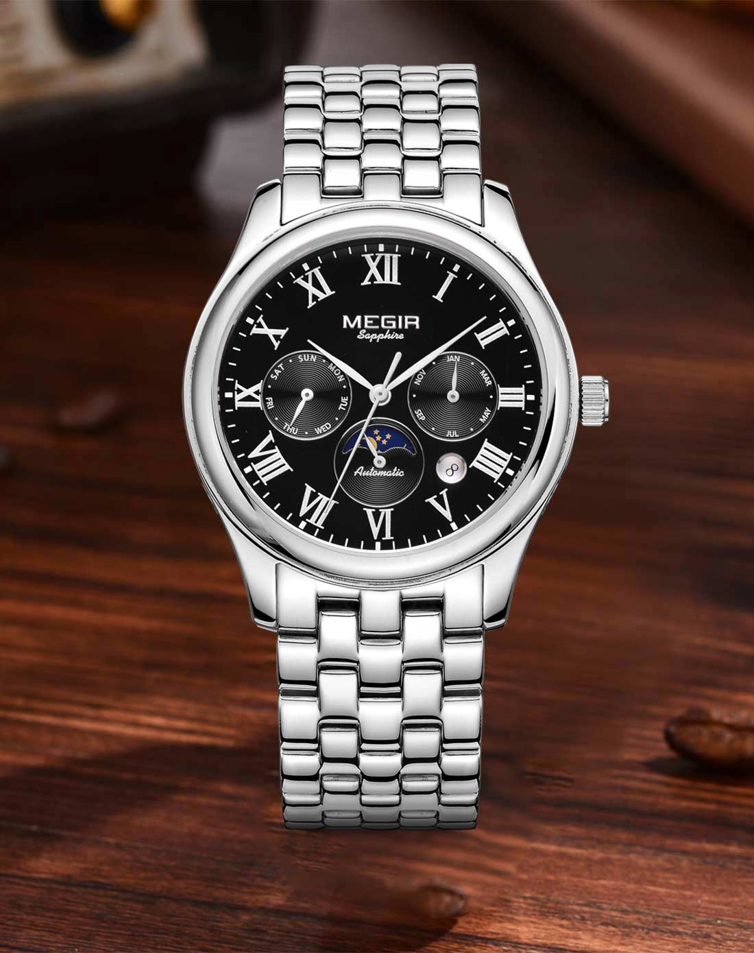 全自动蓝宝石月相商务男款黑面钢带机械表ms1648g-1