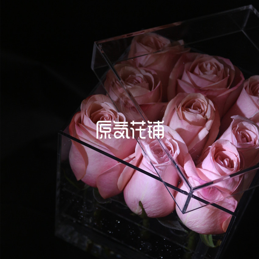 原气花铺-花店-上海-北京透明——进口粉色香槟玫瑰水晶花盒-4