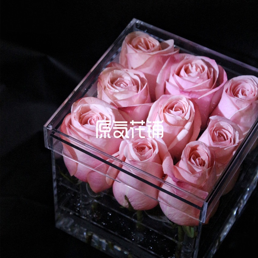 原气花铺-花店-上海-北京透明——进口粉色香槟玫瑰水晶花盒-1