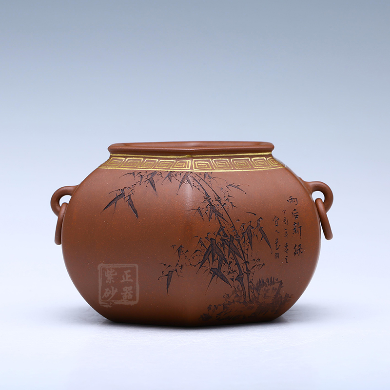 张勇-《双耳六方水洗(描金)》_正器紫砂