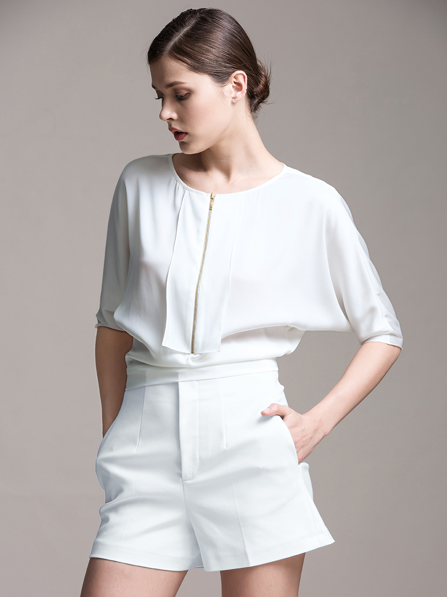 蝙蝠袖拉链桑蚕丝上衣