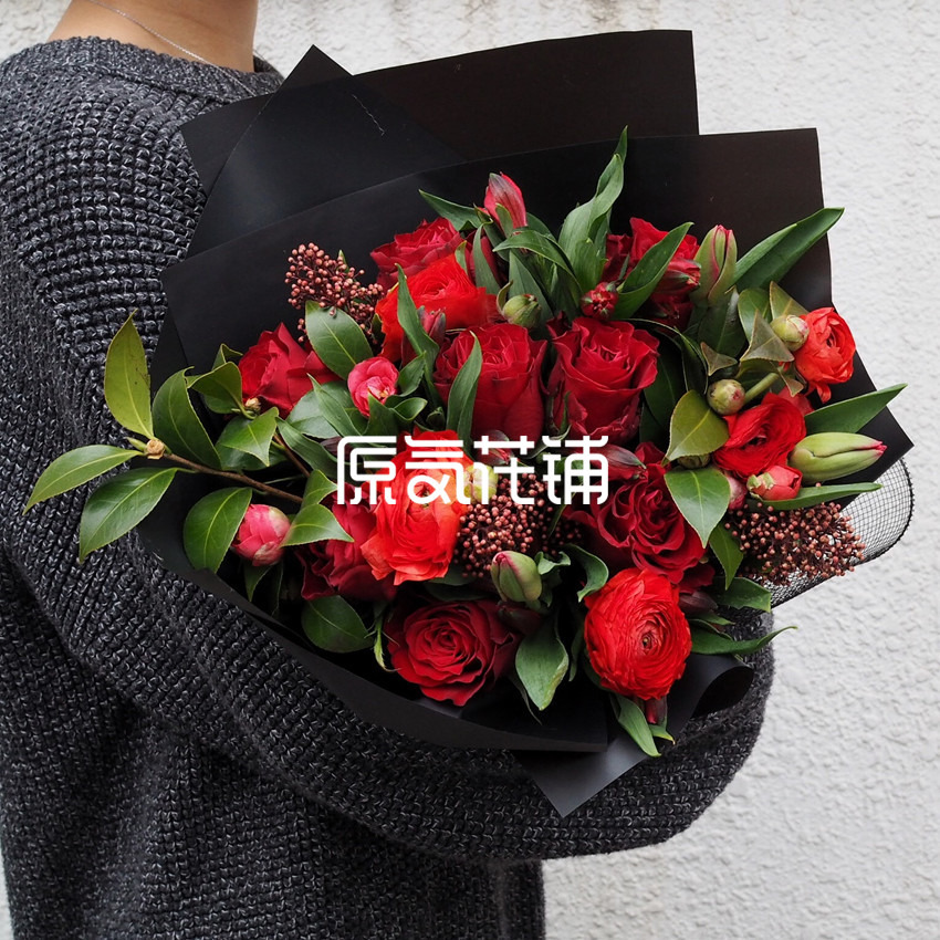 原气花铺-花店-上海-北京黑凤梨（喜欢你）--红色混合花束-2