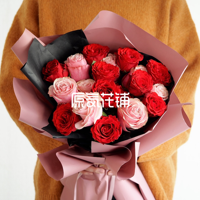 原气花铺-花店-上海-北京小红花--红粉双色玫瑰花束-4