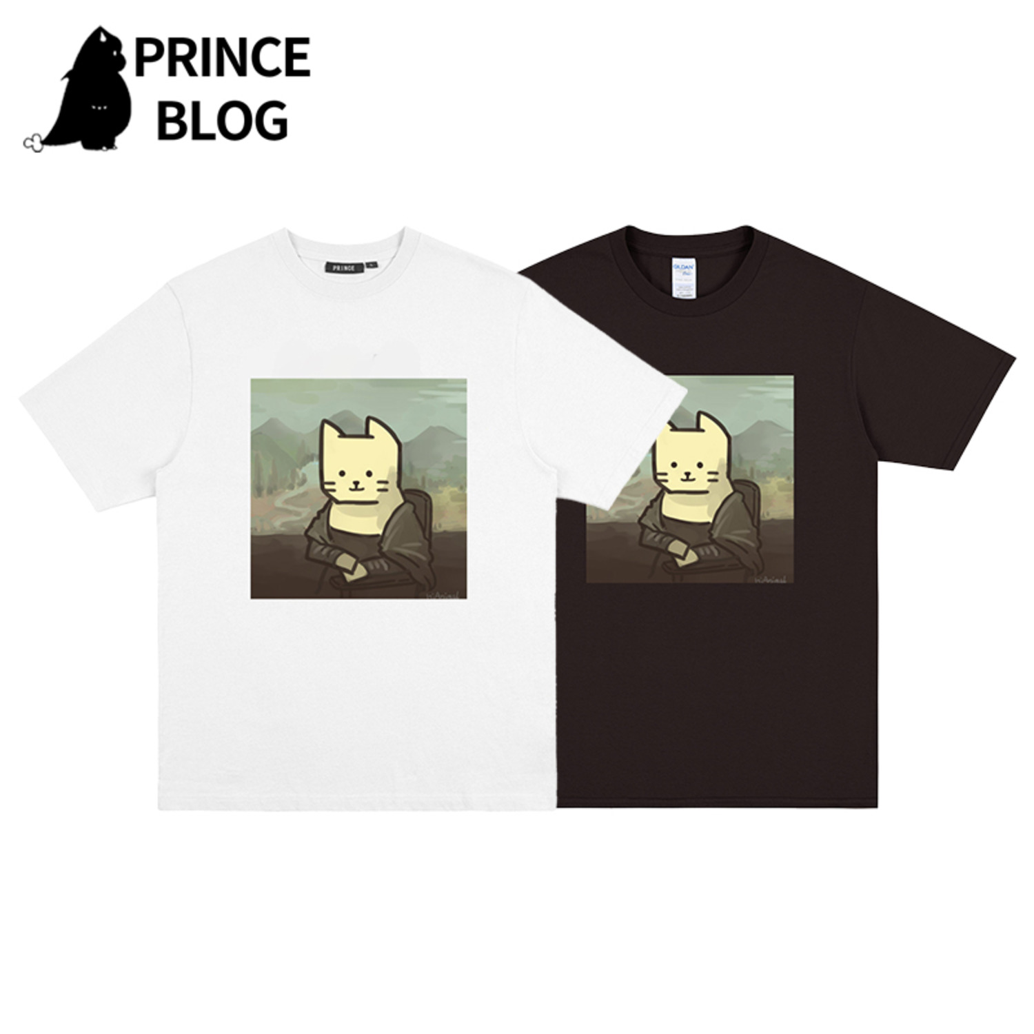 PrinceBlogHiAnimal漫画摸凹猫印花纯棉港风日系宽松情侣短袖T恤
