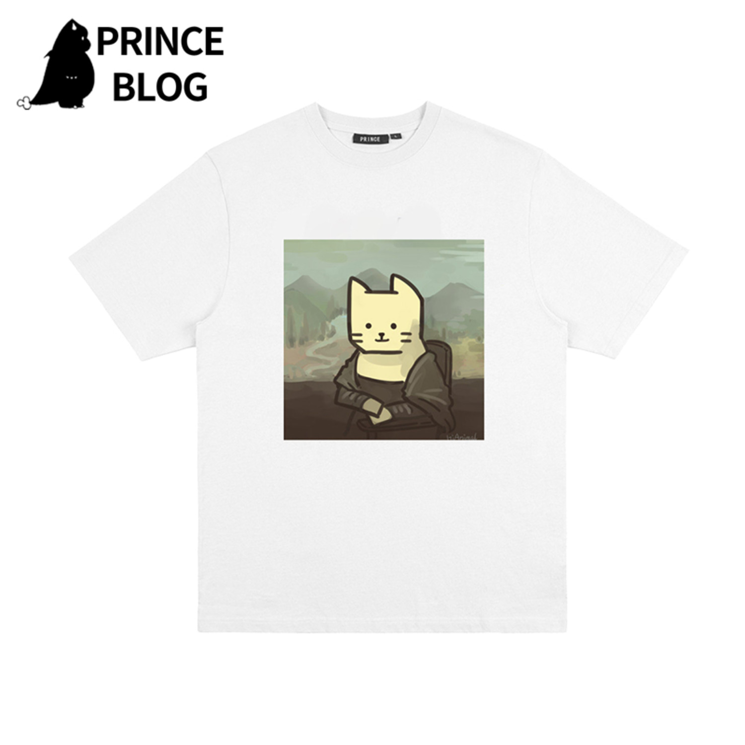 PrinceBlogHiAnimal漫画摸凹猫印花纯棉港风日系宽松情侣短袖T恤-4