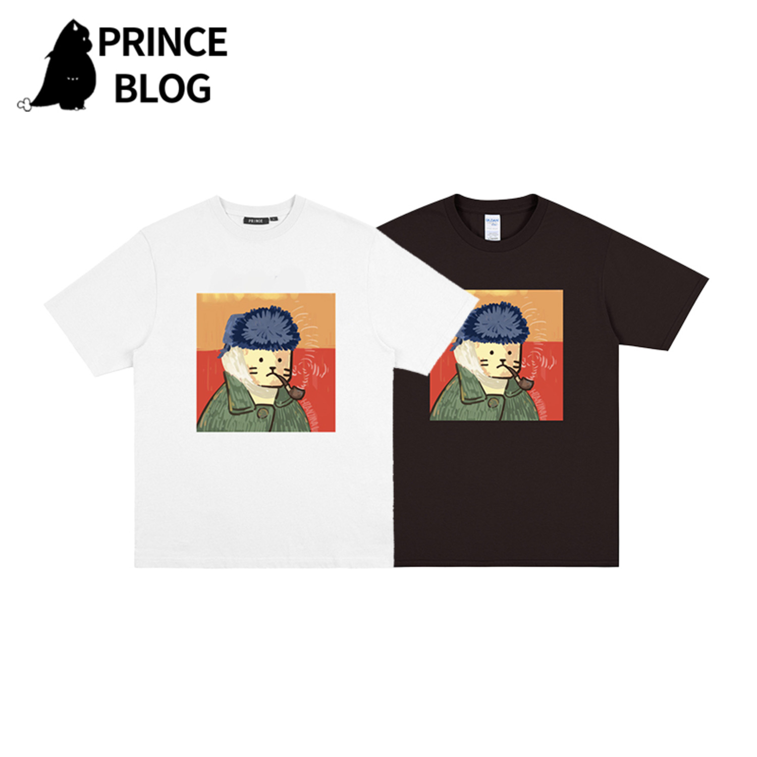 PrinceBlogHiAnimal漫画摸凹猫印花休闲宽松圆领纯棉情侣短袖T恤