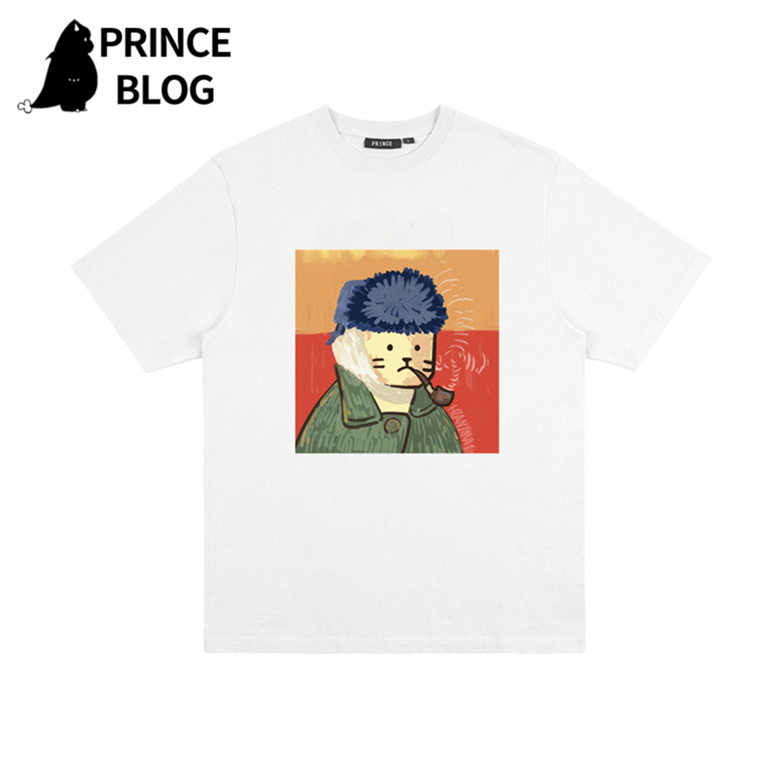 PrinceBlogHiAnimal漫画摸凹猫印花休闲宽松圆领纯棉情侣短袖T恤-2