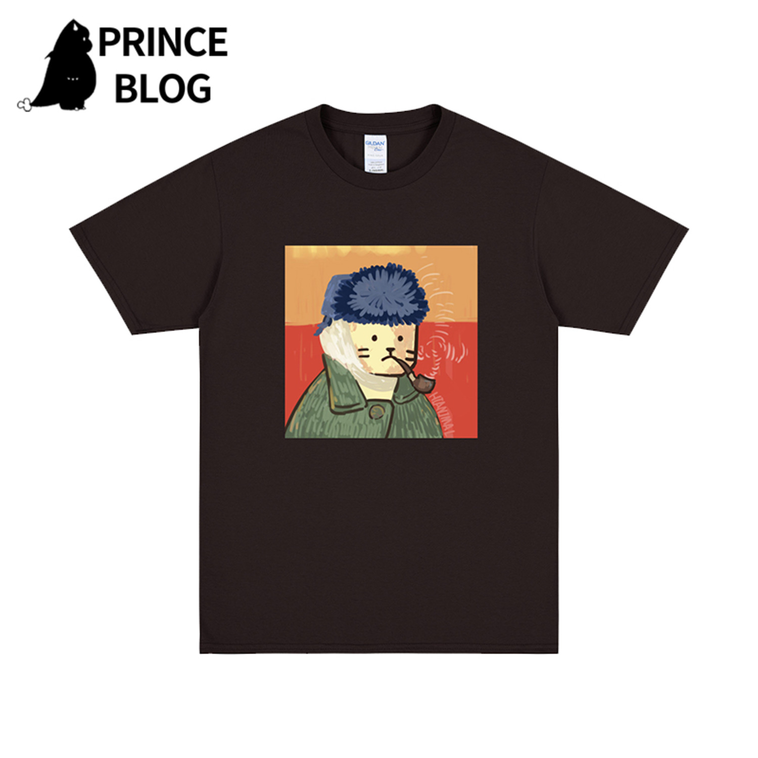 PrinceBlogHiAnimal漫画摸凹猫印花休闲宽松圆领纯棉情侣短袖T恤-3