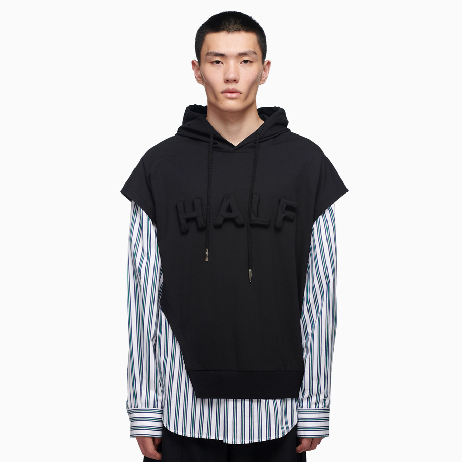 “HALF”3D立体字母衬衣拼接黑色连帽衫