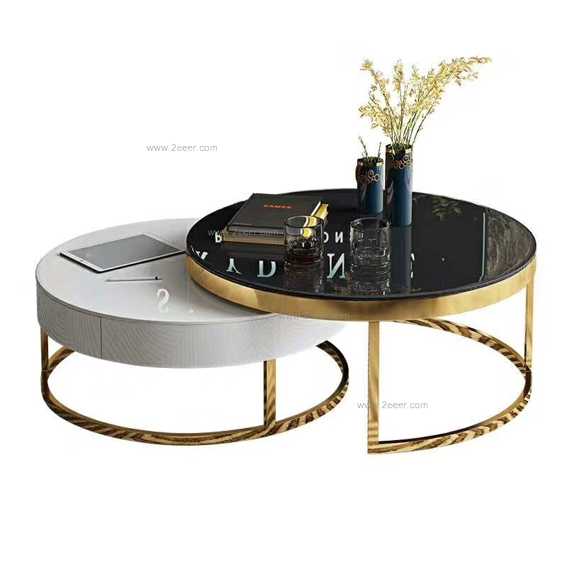 茶几-现代轻奢-不锈钢底架+大理石+板木结合