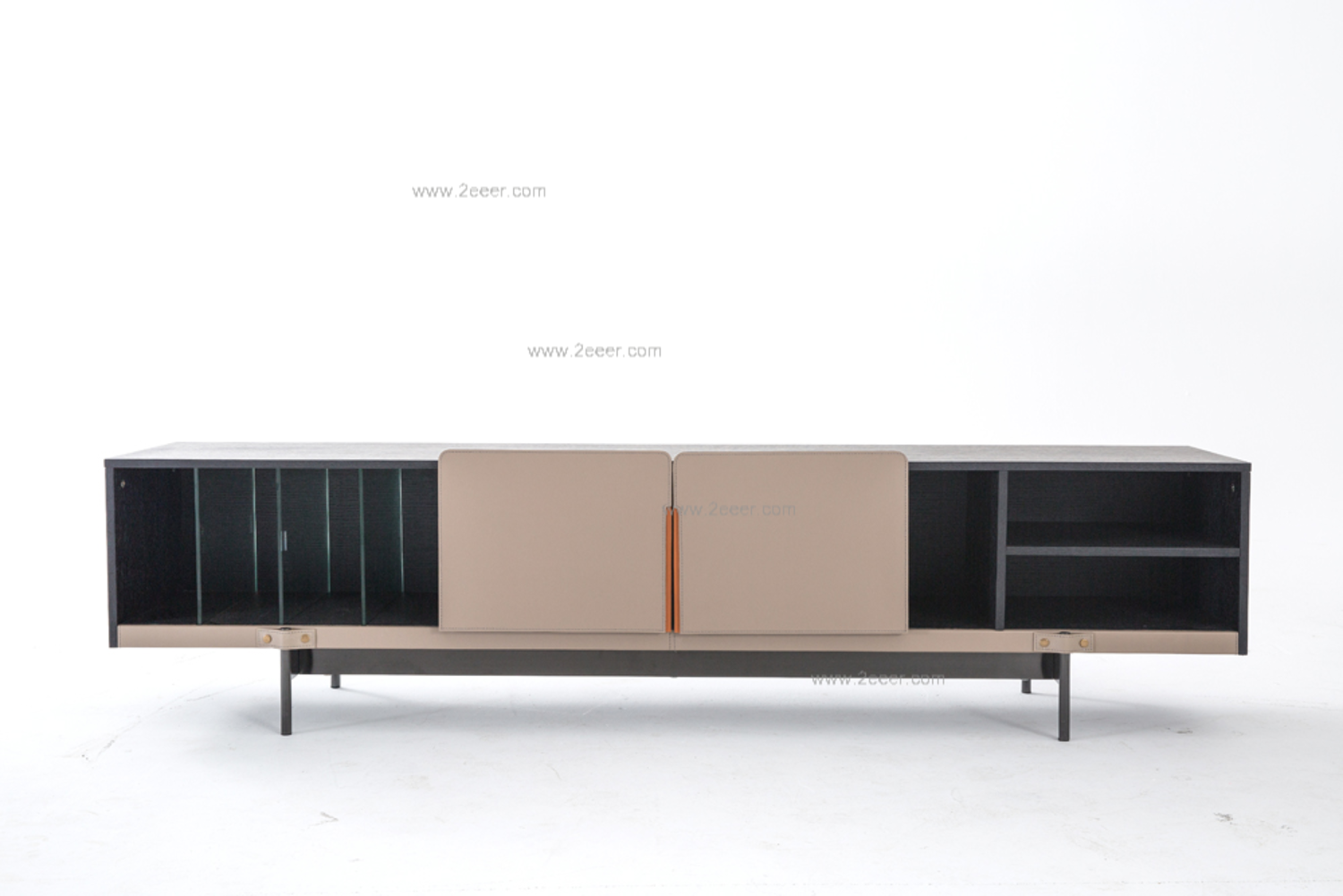 电视柜-现代简约-201黑不锈钢架+黑白橡木皮+优质马鞍皮+密度板