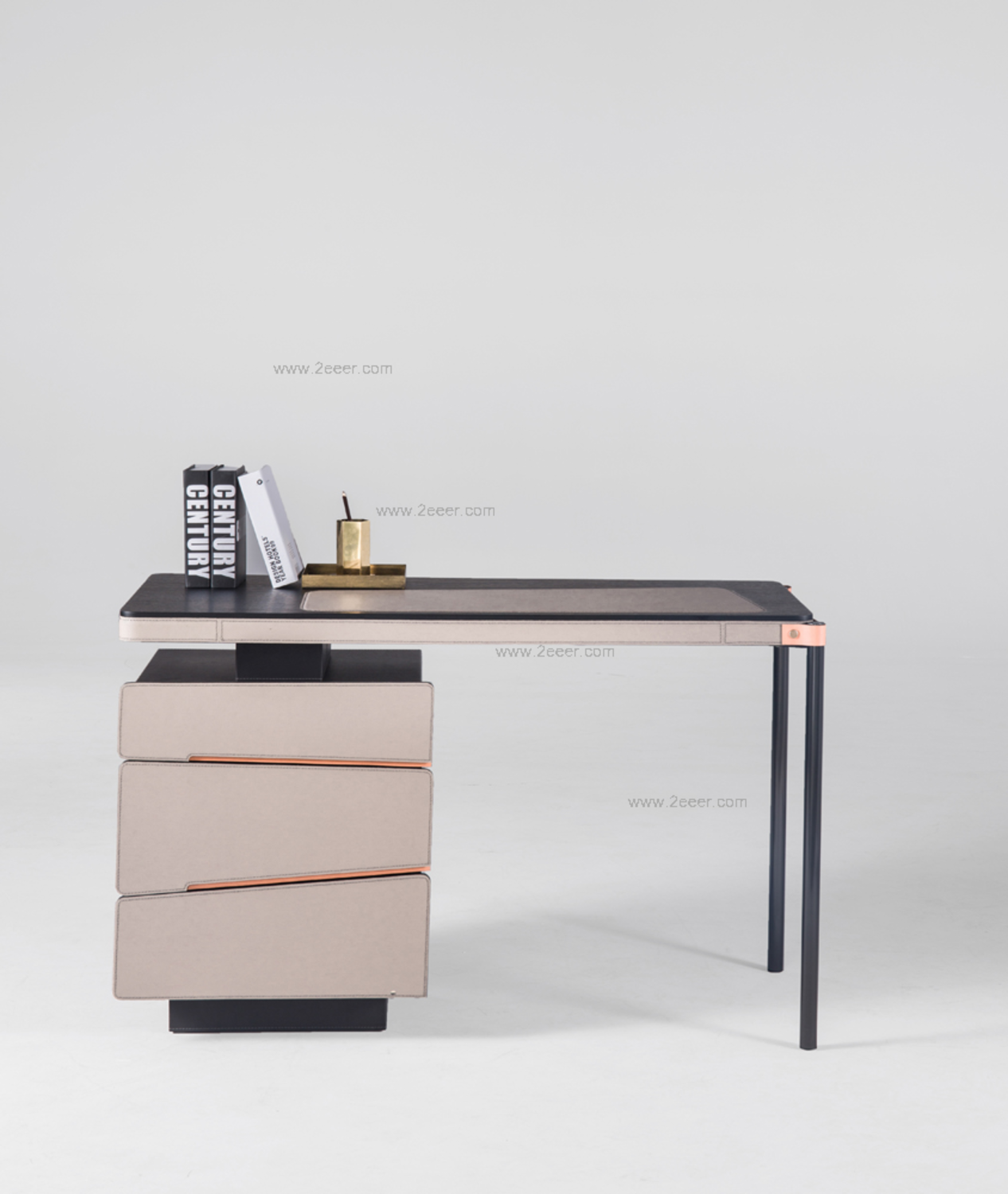 书桌-现代简约-201黑不锈钢架+黑白橡木皮+优质马鞍皮+密度板