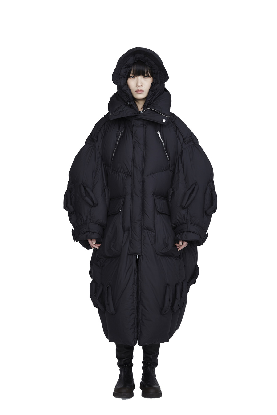 黑色穿绳战壕羽绒大衣-4