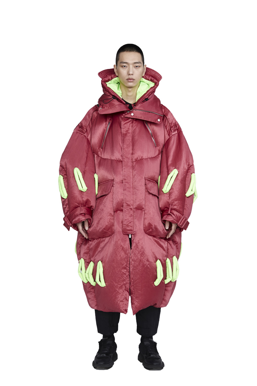 玫瑰丝绸&荧光绿穿绳战壕羽绒大衣-4