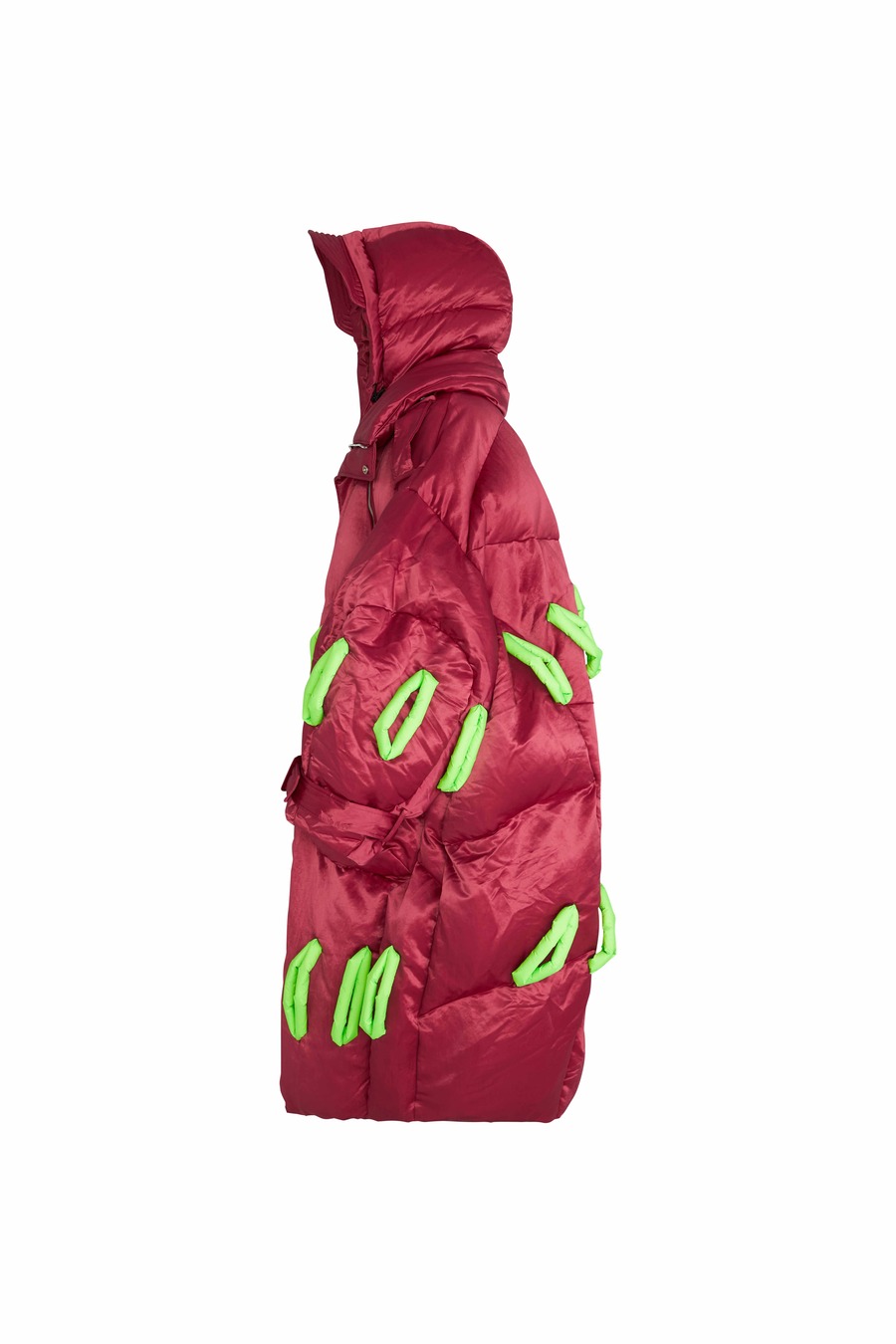 玫瑰丝绸&荧光绿穿绳战壕羽绒大衣-2