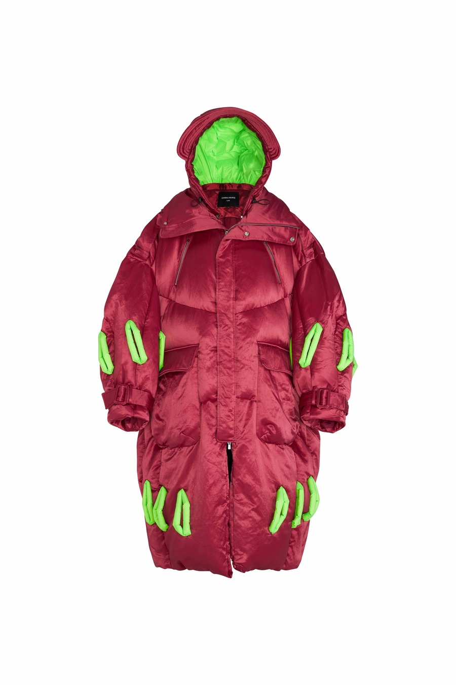 玫瑰丝绸&荧光绿穿绳战壕羽绒大衣