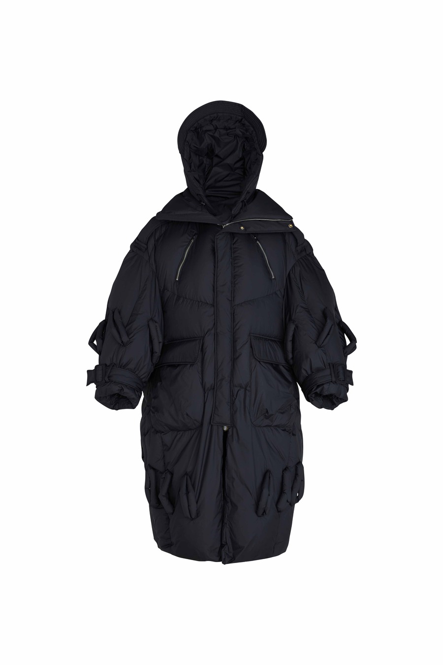 黑色穿绳战壕羽绒大衣