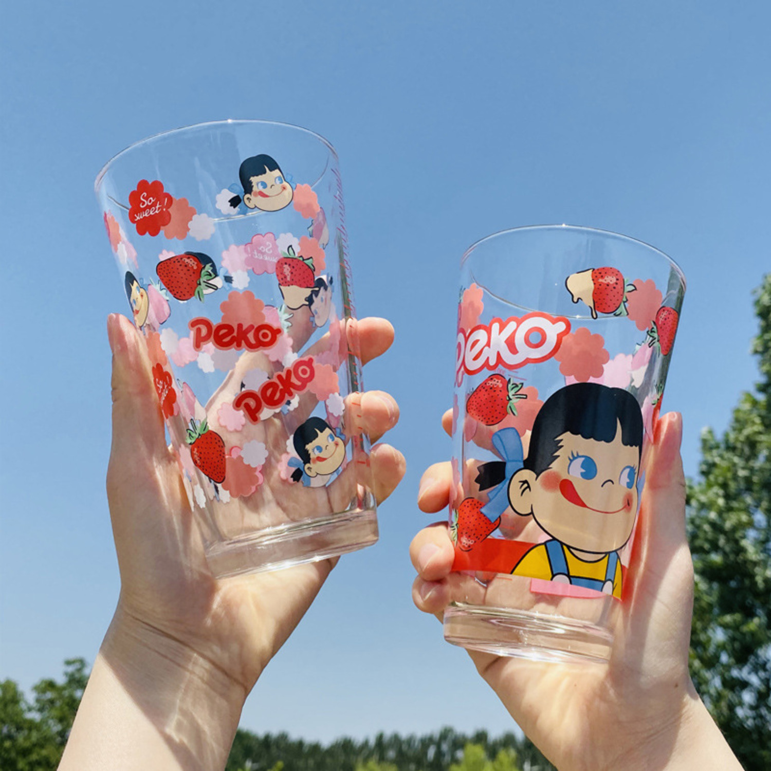可爱草莓玻璃水杯学生ins日系卡通吸管刻度杯创意少女心粉红杯子--2
