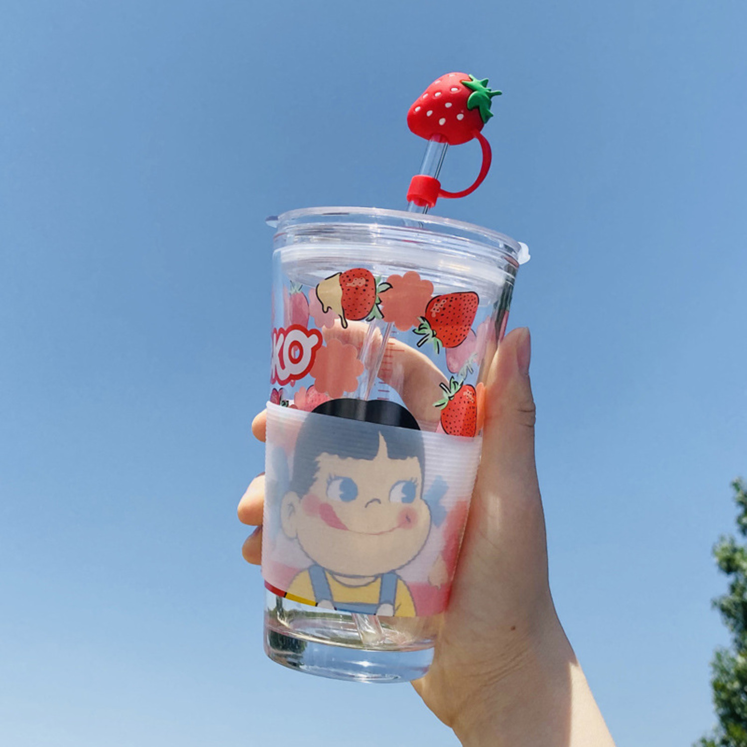 可爱草莓玻璃水杯学生ins日系卡通吸管刻度杯创意少女心粉红杯子--4