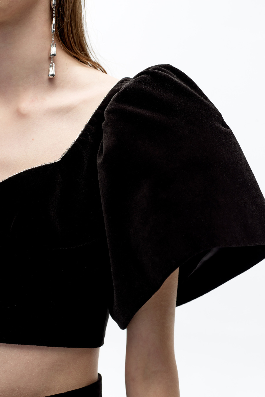 AW20 原创设计水晶饰边泡泡袖短上衣-4