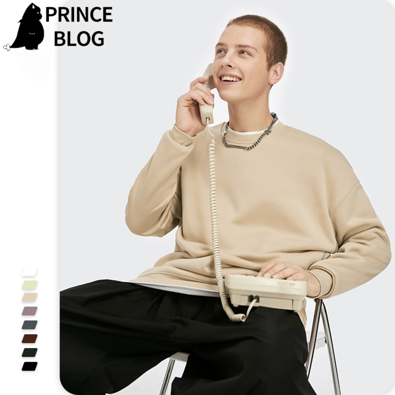 PrinceBlog男装秋冬新款跑量纯色加绒加厚宽松掉肩圆领卫衣流行潮-2