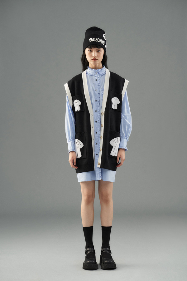 蝴蝶结立体绣花针织背心开衫