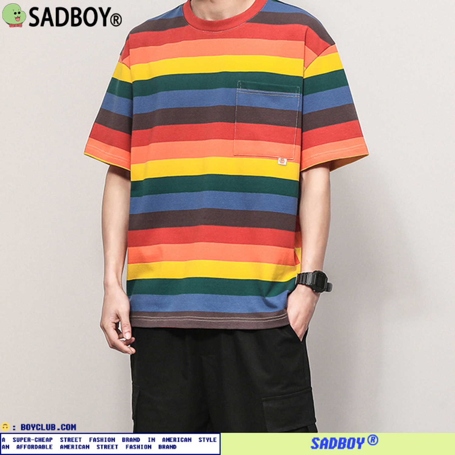 SadBoy2021新款条纹五分袖彩虹男女百搭口袋情侣装体恤衫T恤-2