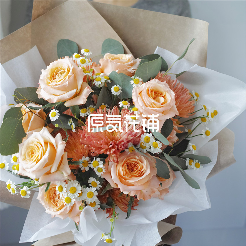 原气花铺-花店-上海-北京田园--微光玫瑰烟花菊洋甘菊混合花束-1