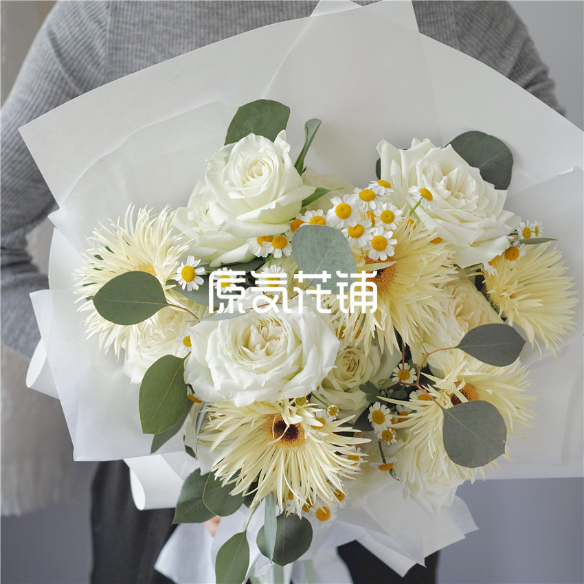 原气花铺-花店-上海-北京萌动--白玫瑰拉丝弗朗洋甘菊混合花束-4