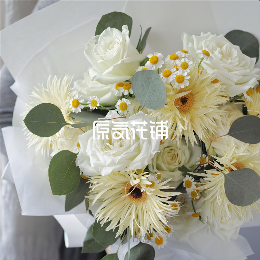 原气花铺-花店-上海-北京萌动--白玫瑰拉丝弗朗洋甘菊混合花束-2