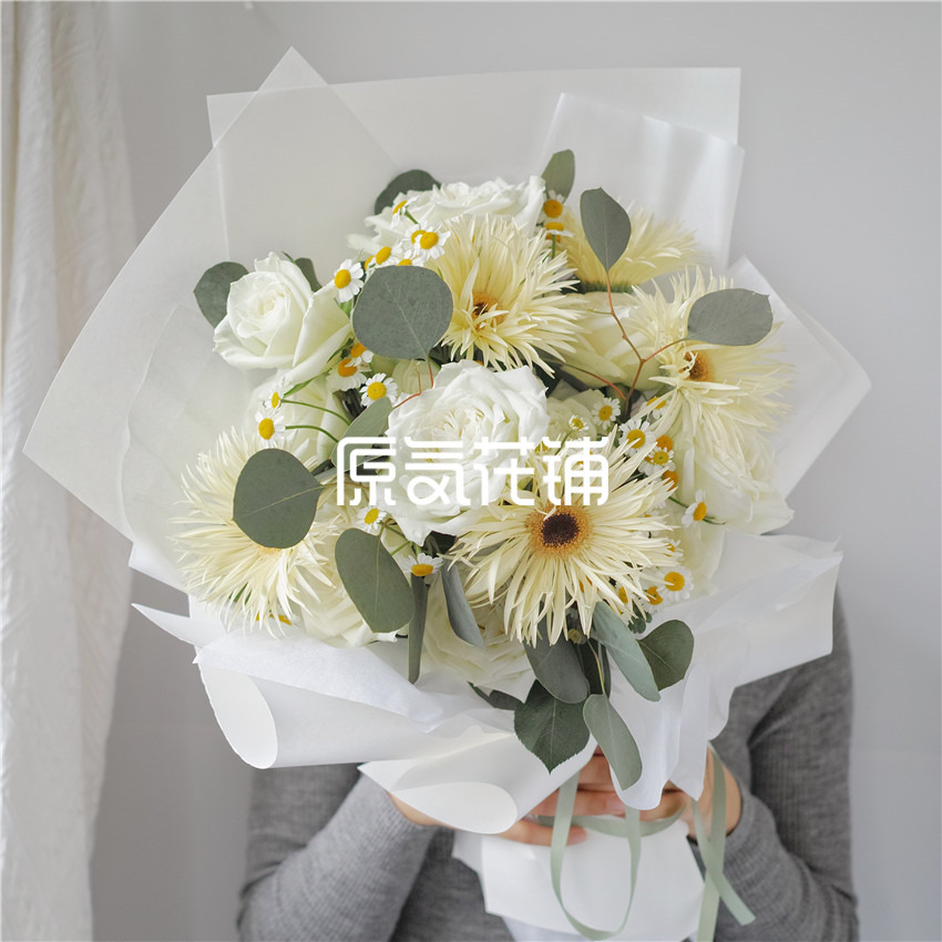 原气花铺-花店-上海-北京萌动--白玫瑰拉丝弗朗洋甘菊混合花束-1