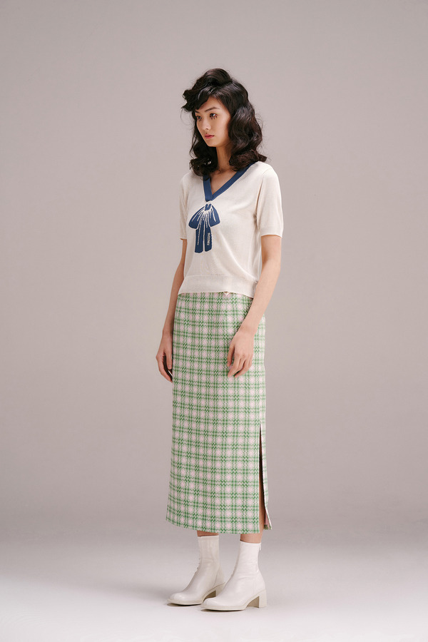 蝴蝶结提花V领针织衫