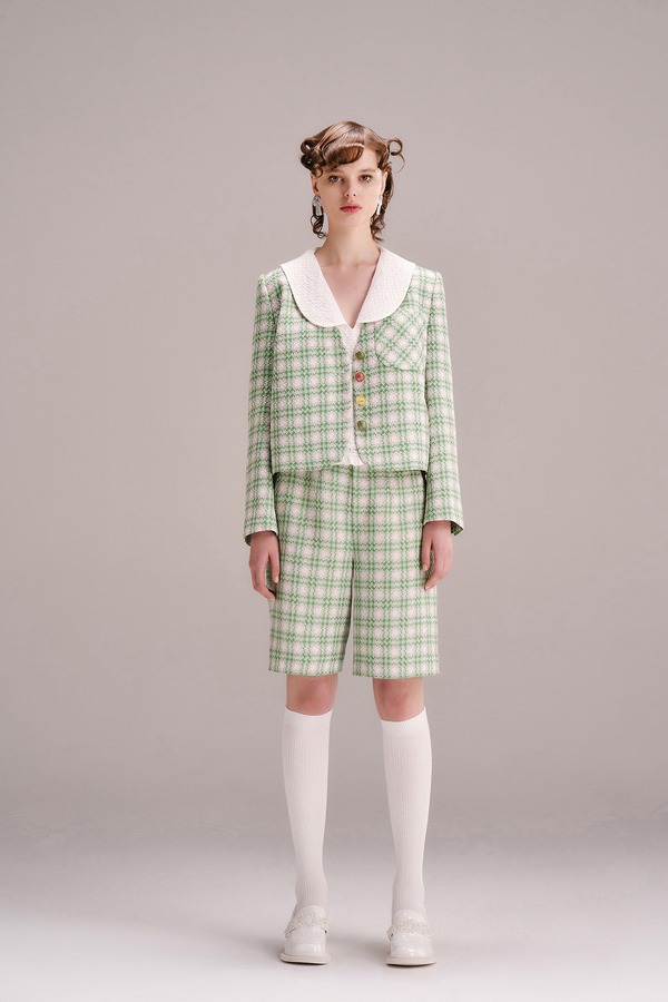 宝石扣编织格纹外套