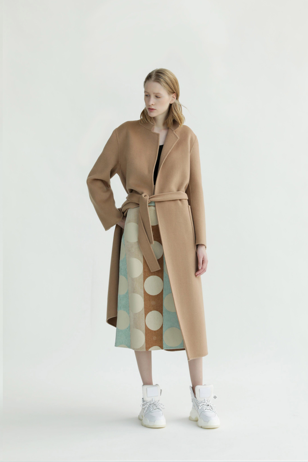 超细羊毛手工双面呢睡衣式系腰大衣