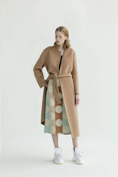 超细羊毛手工双面呢睡衣式系腰大衣