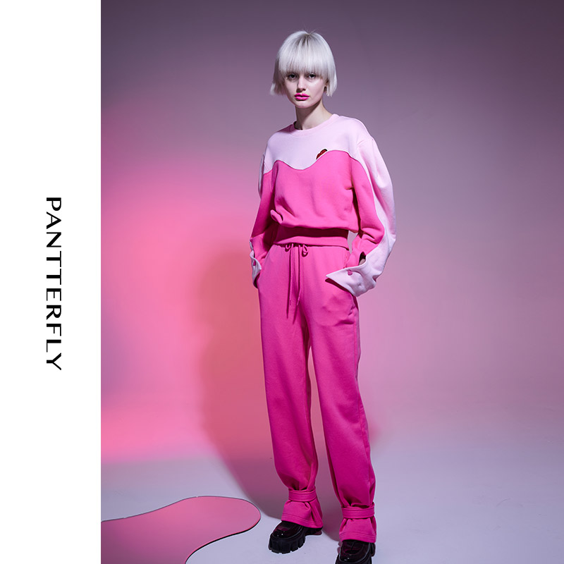 PANTTERFLY2021小众设计感粉色名媛女装高端卫衣套装冬季高级感女