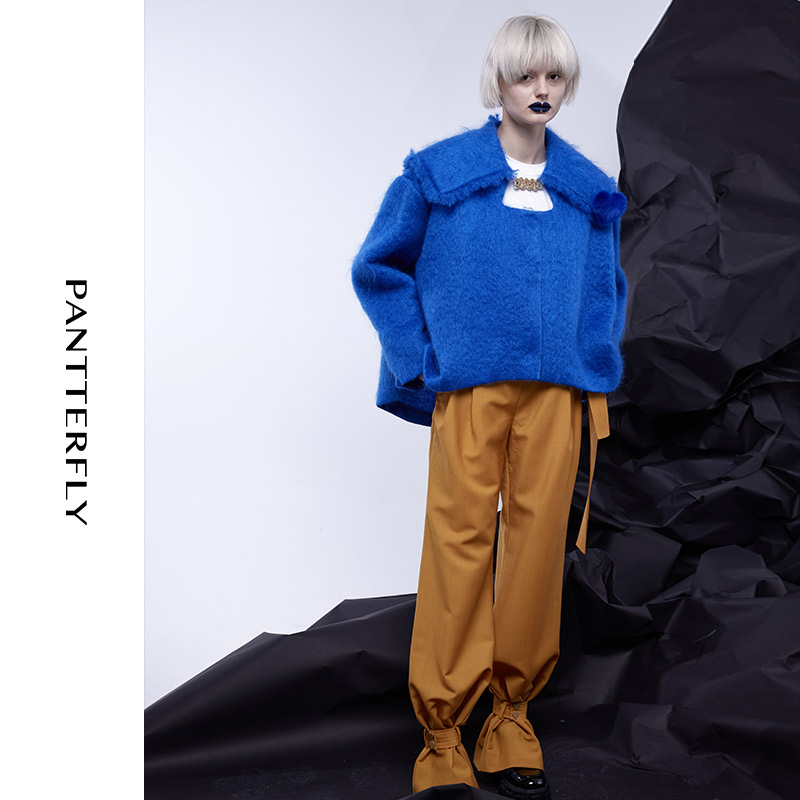 PANTTERFLY2021新款大翻领蓝色原创小众设计感短款外套宽松高级感