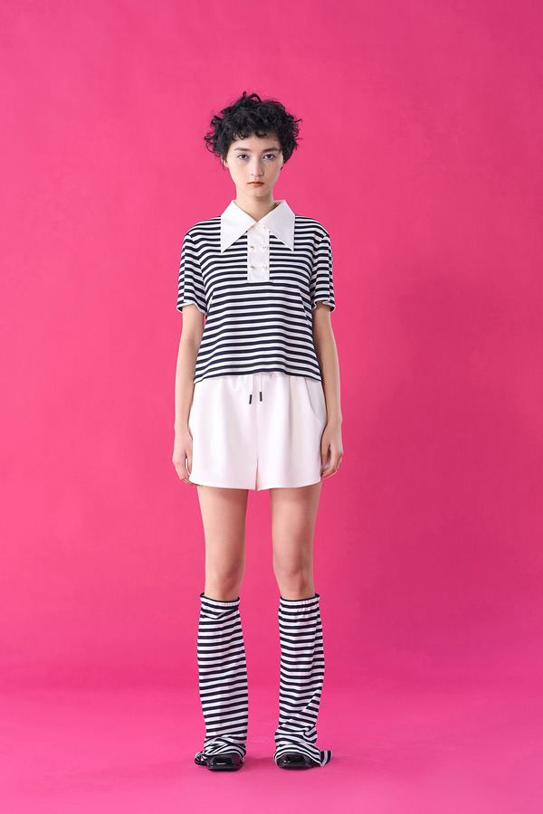 双排扣条纹短袖Polo衫