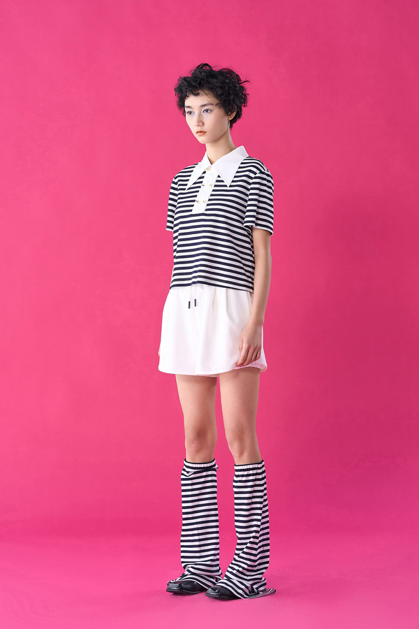 双排扣条纹短袖Polo衫